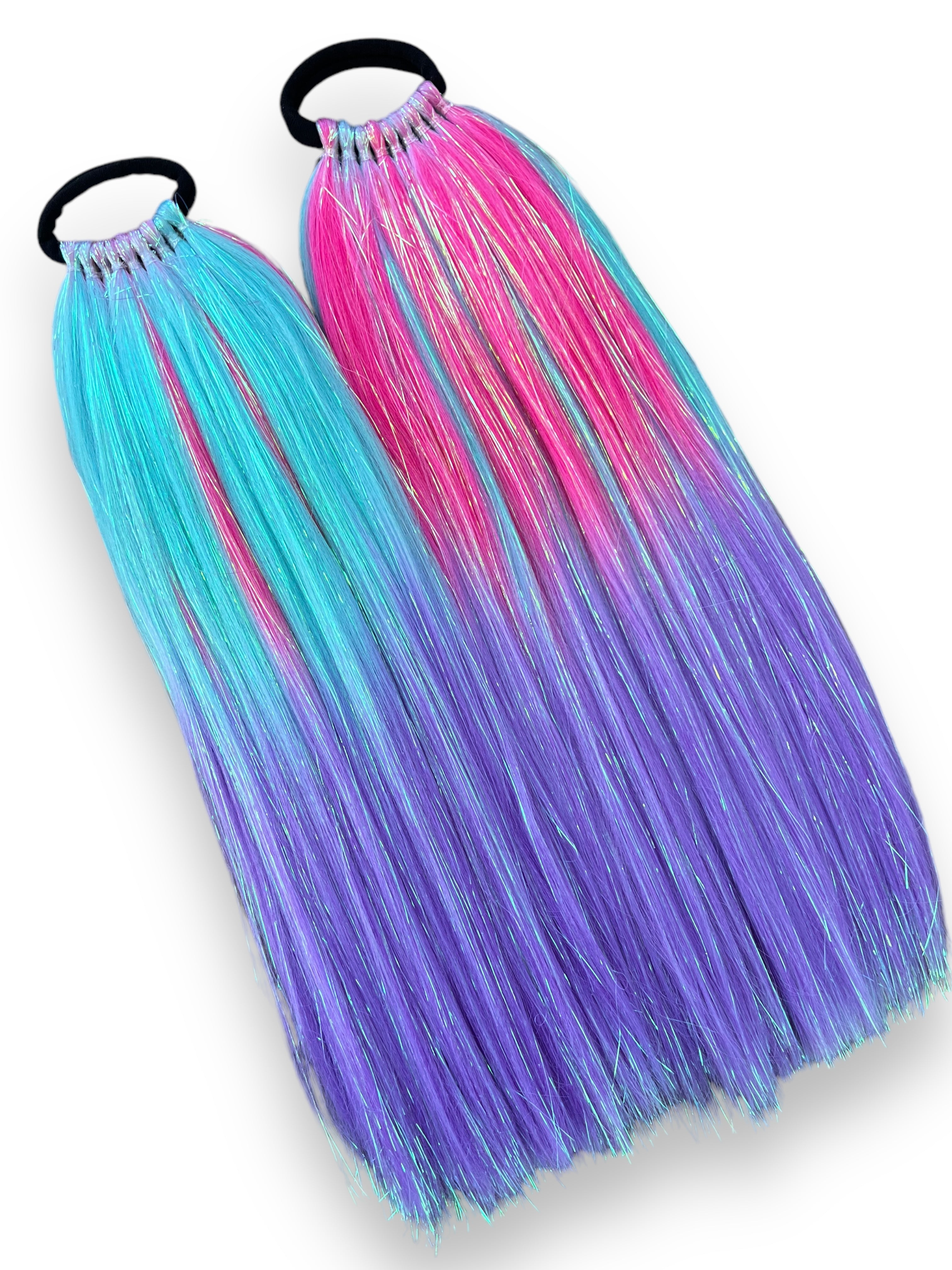 2 Purple/Teal/Pink with Iridescent Tinsel Ponytail Extensions