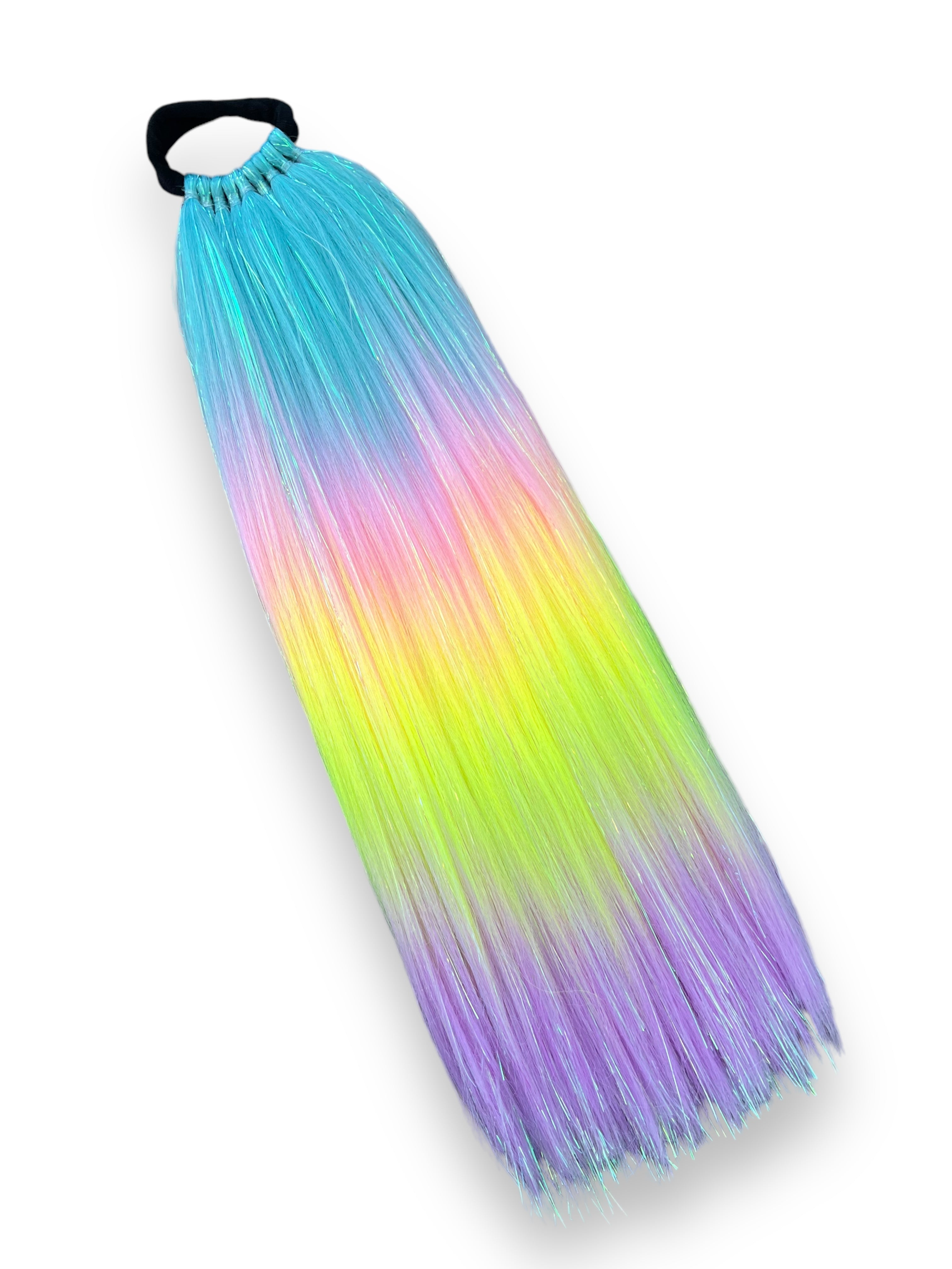 Blue/Pink/Yellow/Purple Ombre with Iridescent Tinsel ponytail extension